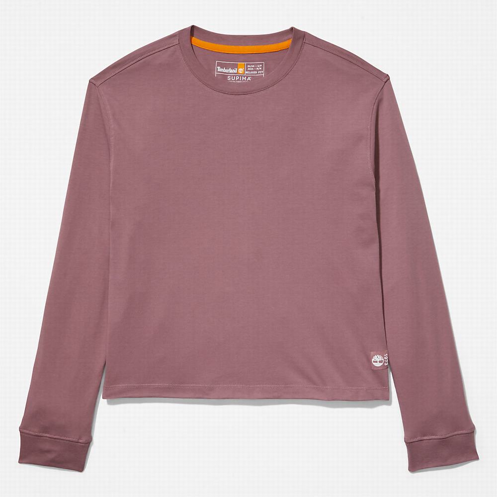 Timberland Anti-Odour Supima® Pamuklu Long-sleeved Tişört Kadın Pembe | TR-0846N