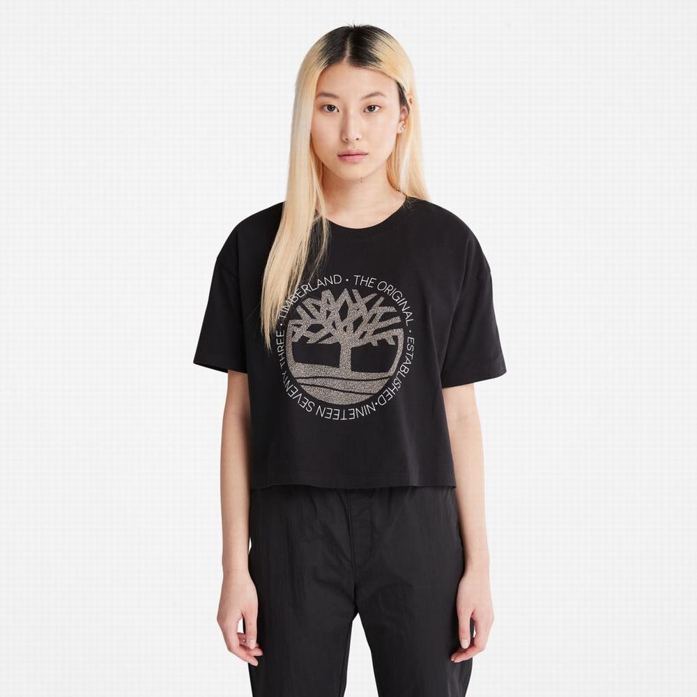 Timberland Cropped Logo Tişört Kadın Siyah | TR-5321X