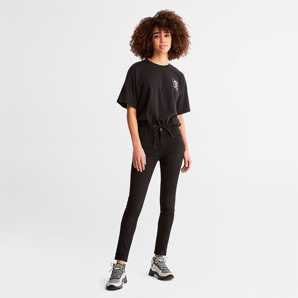 Timberland Cropped T-Shirt with Drawstring Hem Tişört Kadın Siyah | TR-3275P