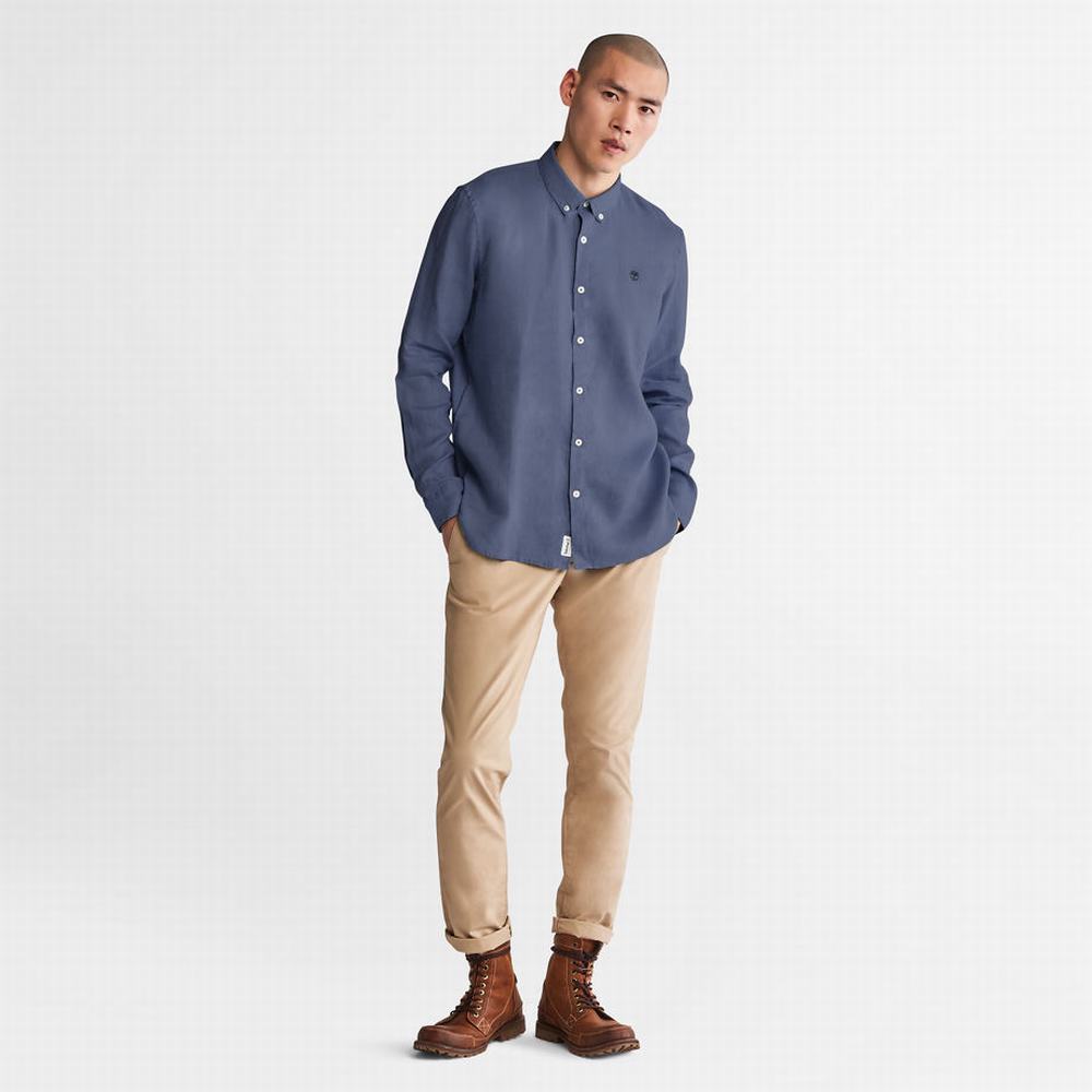 Timberland Mill River Slim-Fit Linen Gömlek Erkek Mavi Lacivert | TR-3045A