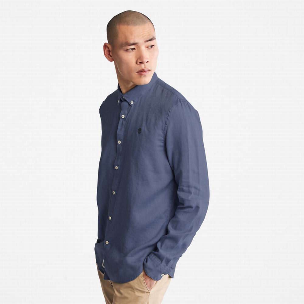 Timberland Mill River Slim-Fit Linen Gömlek Erkek Mavi Lacivert | TR-3045A