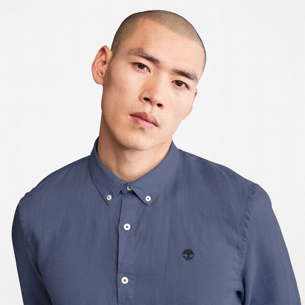 Timberland Mill River Slim-Fit Linen Gömlek Erkek Mavi Lacivert | TR-3045A