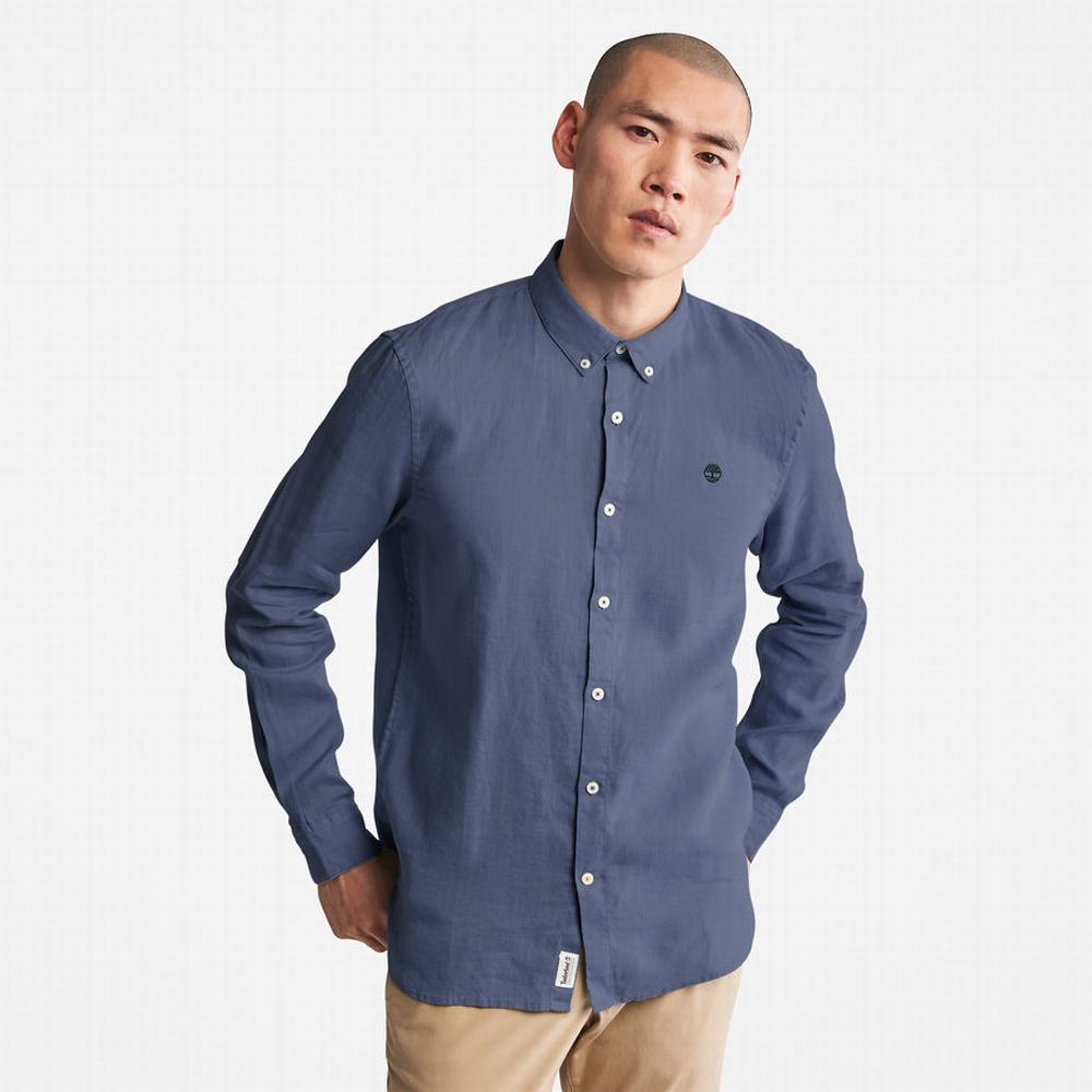 Timberland Mill River Slim-Fit Linen Gömlek Erkek Mavi Lacivert | TR-3045A