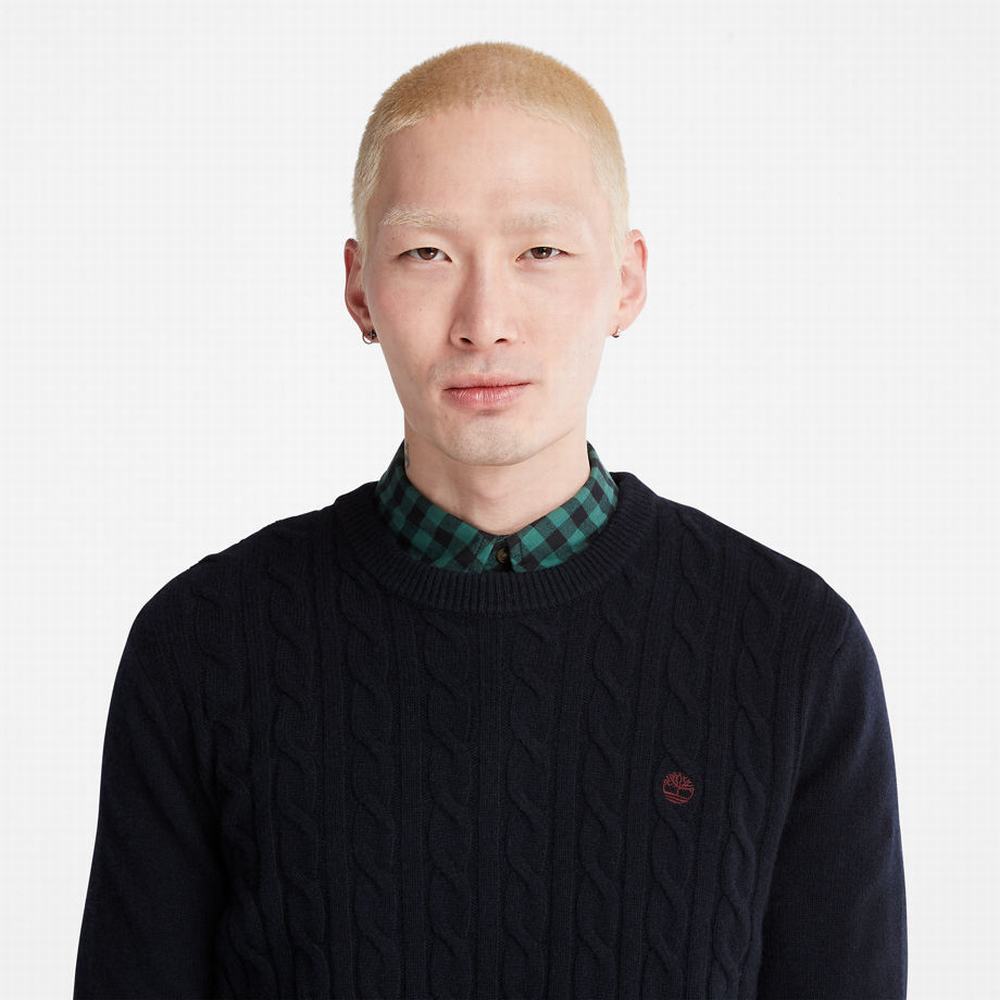 Timberland Phillips Brook Yün-Blend Cable Crewneck Kazak Erkek Lacivert | TR-6192B